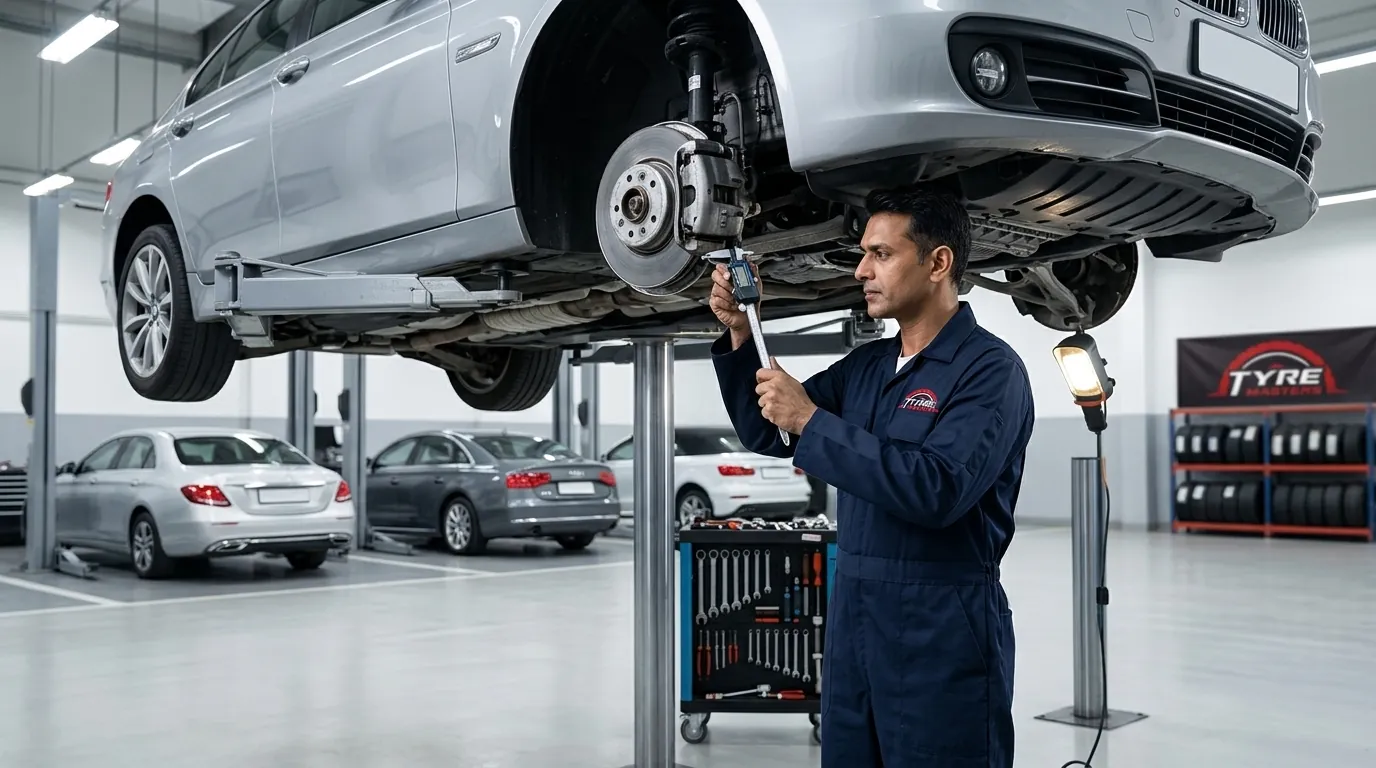 Technician servicing a BMW on a lift at the Tyre Masters Auto Care workshop in Mussafah M-33, Abu Dhabi