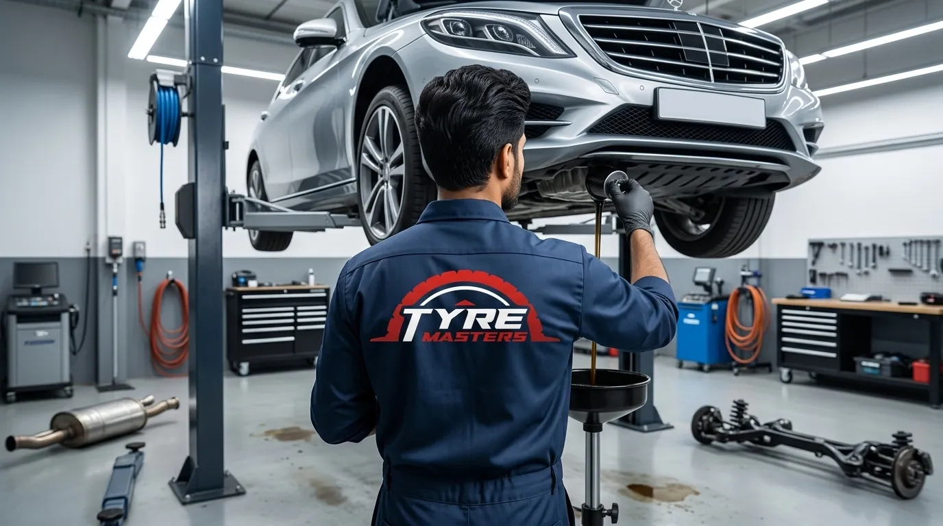 Technician performing maintenance under a Mercedes-Benz at Tyre Masters Auto Care