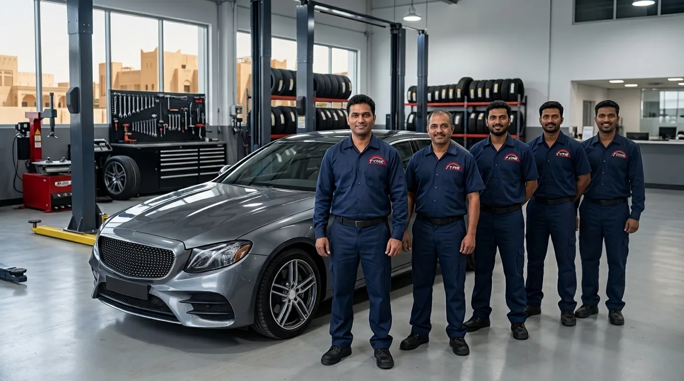 The Tyre Masters Auto Care technician team standing beside a customer's Mercedes-Benz in the Mussafah M-33 workshop